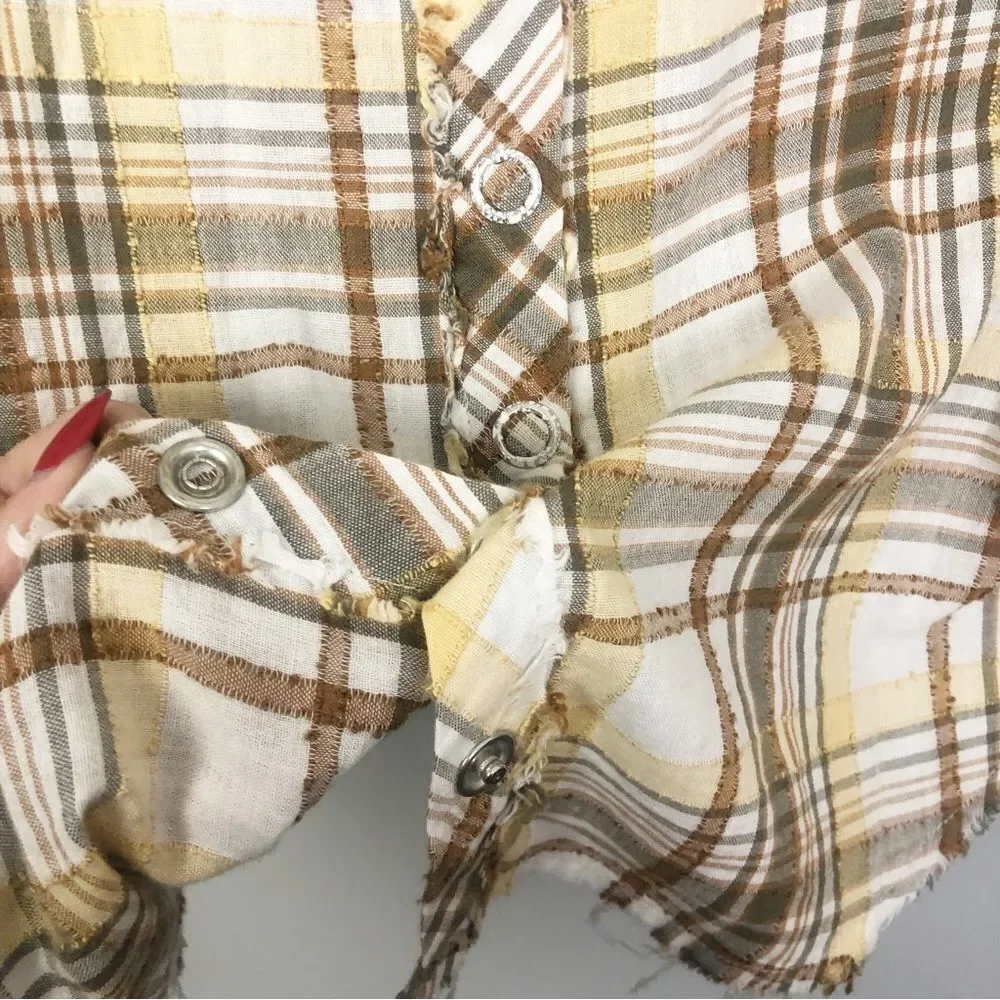FREE PEOPLE | Park Ranger Plaid Button Down Top Knit Accents Women’s Size XS